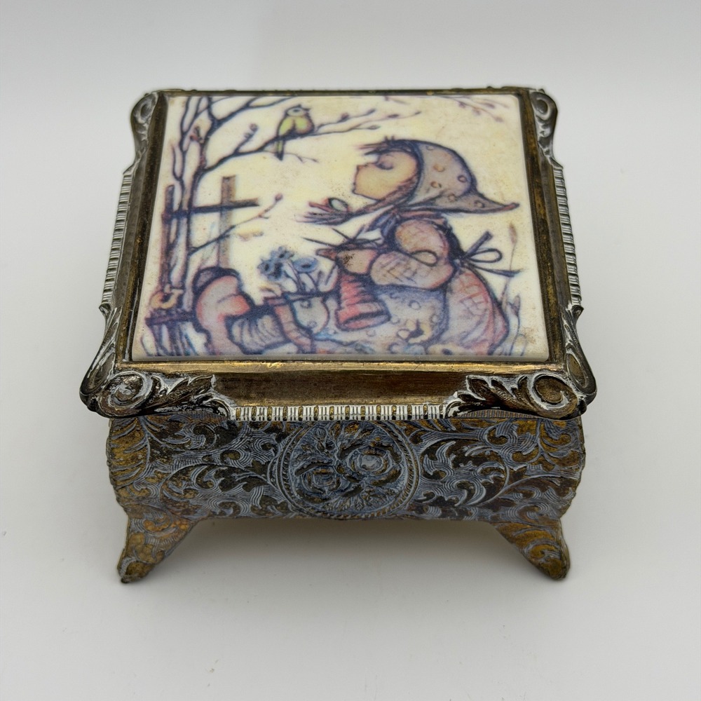 VTG Japan Footed Trinket Box Porcelain Lid Hummel Style Jewelry Casket Ornate